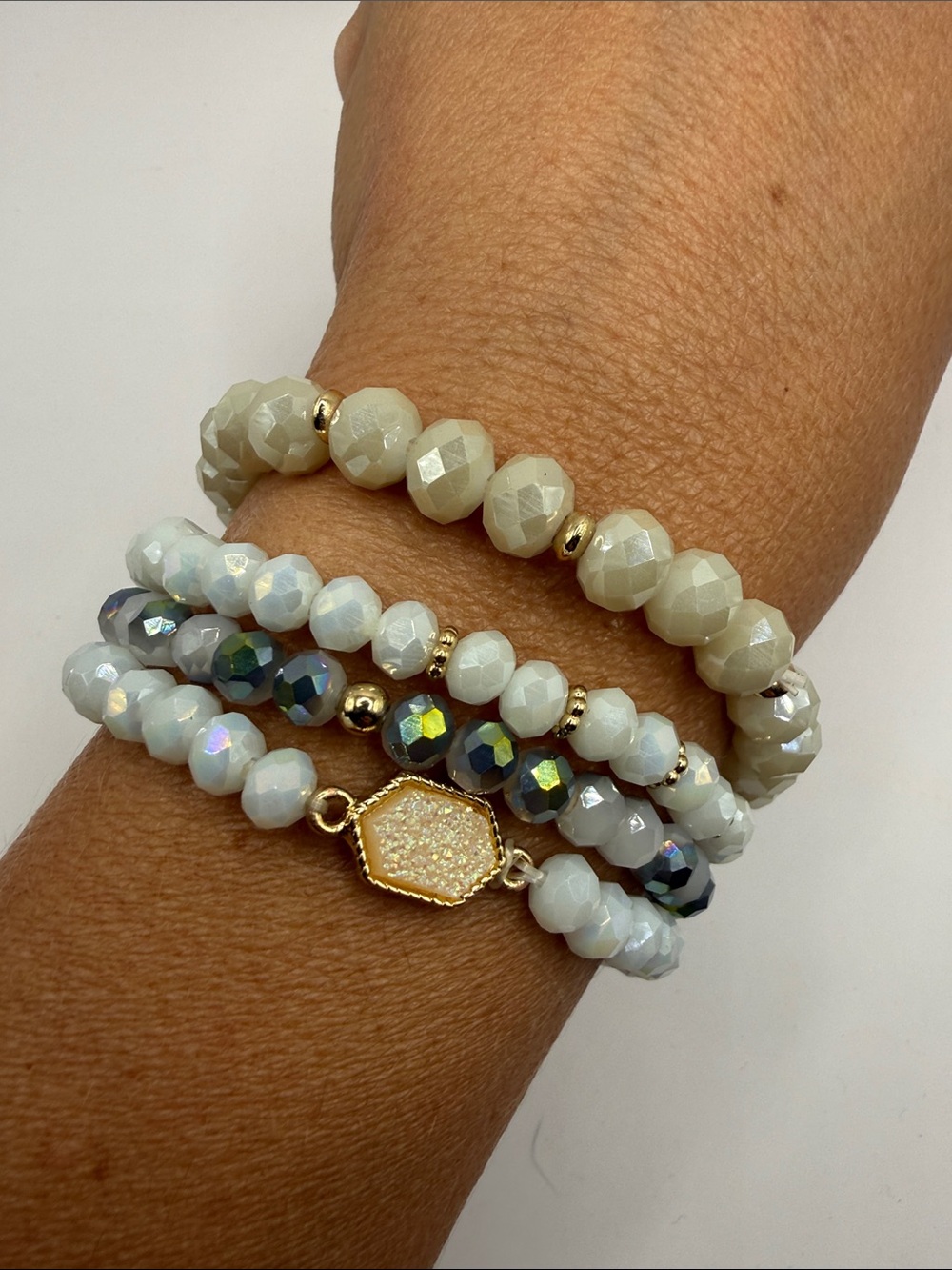 Vintage Boho White Cream Beaded Set of Four Bangles Bracelets